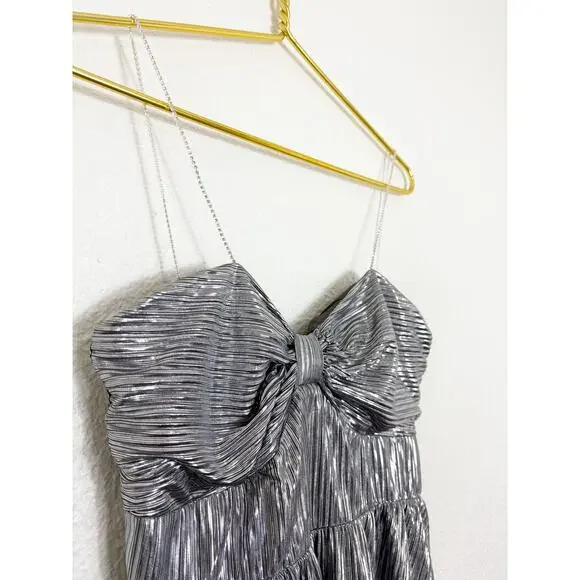 Lovers + Friends Tanya Midi Dress Silver Small Metallic Pleated Rhinestone Strap - Picture 7 of 14